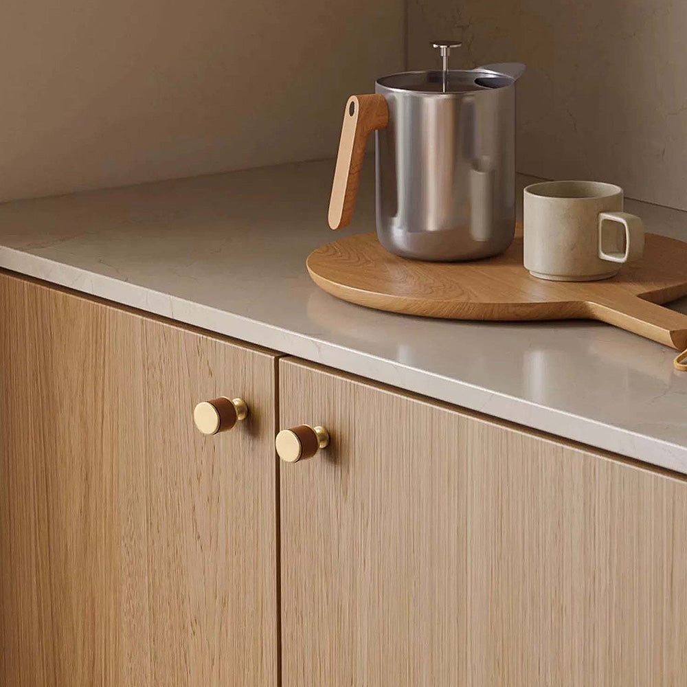 Modern Leather and Brass T-Bar Drawer Handles and Knobs