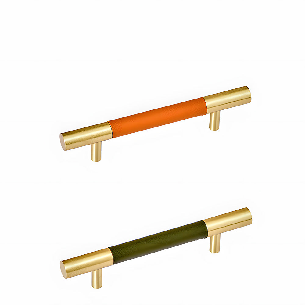 Modern Leather & Solid Brass T-Bar Cupboard Handles & Knobs