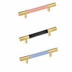 Modern Leather & Solid Brass T-Bar Cupboard Handles & Knobs