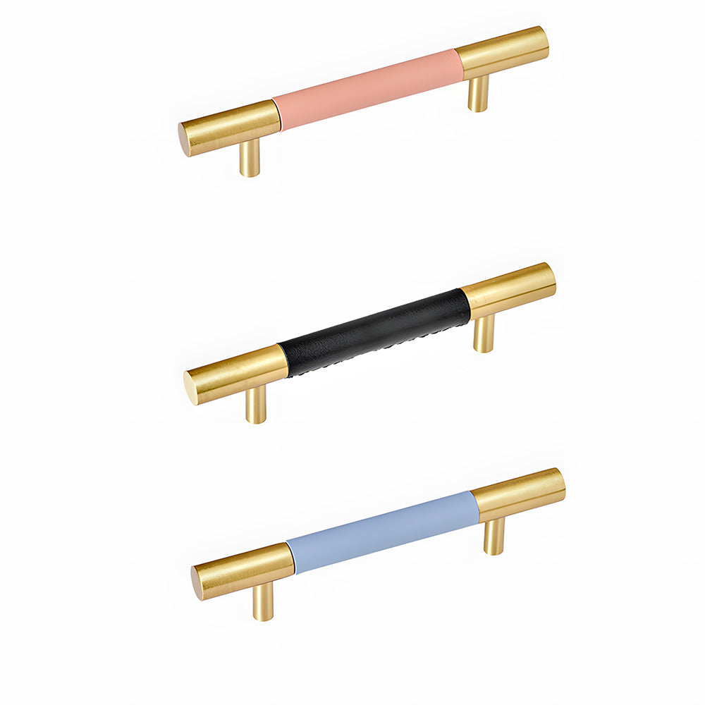 Modern Leather & Solid Brass T-Bar Cupboard Handles & Knobs