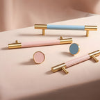 Modern Leather & Solid Brass T-Bar Cupboard Handles & Knobs