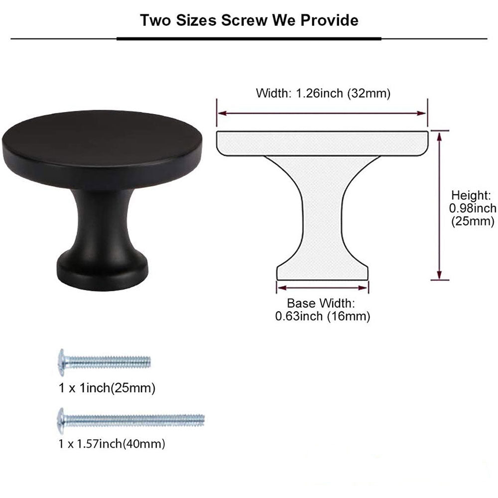 Modern Matt Black Flat-Top Round Cupboard Knobs