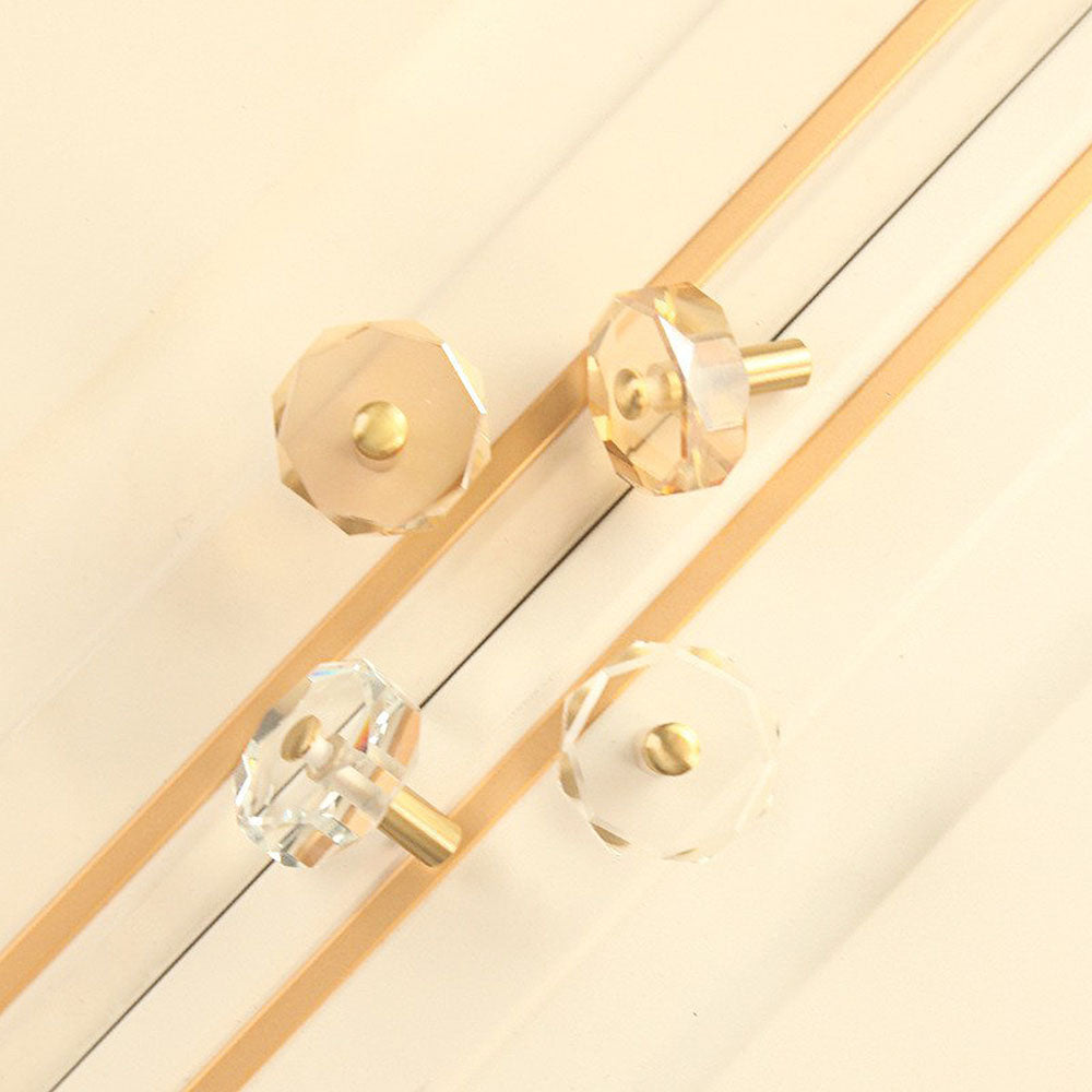 Modern Octagonal Crystal and Brass Cupboard Knobs