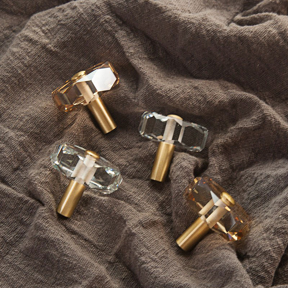 Modern Octagonal Crystal and Brass Cupboard Knobs