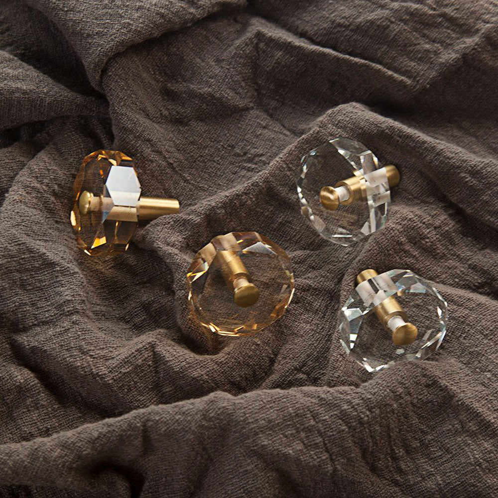 Modern Octagonal Crystal and Brass Cupboard Knobs