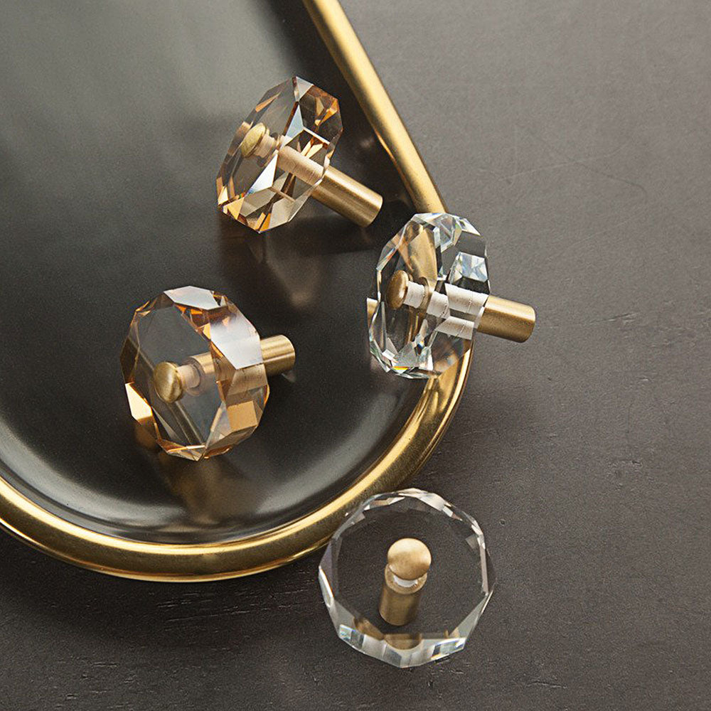 Modern Octagonal Crystal and Brass Cupboard Knobs