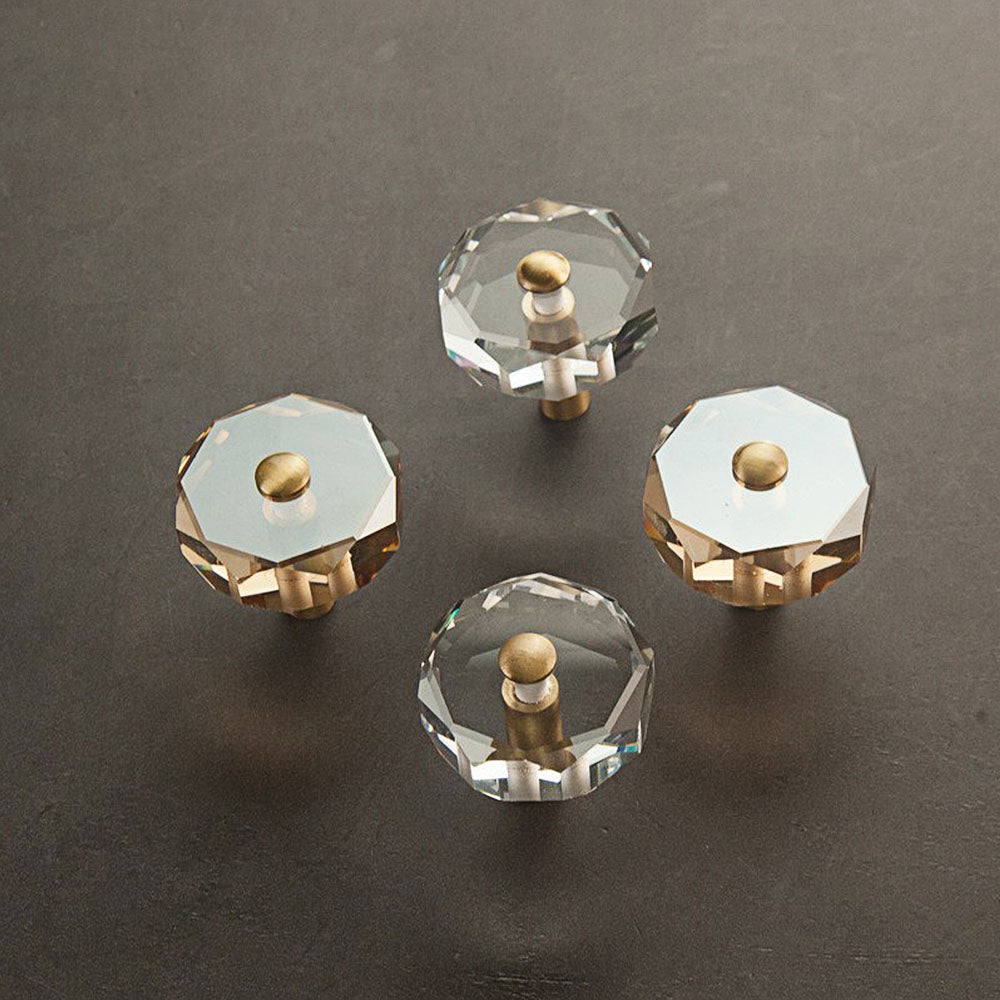 Modern Octagonal Crystal and Brass Cupboard Knobs