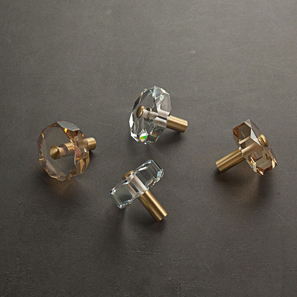 Modern Octagonal Crystal and Brass Cupboard Knobs