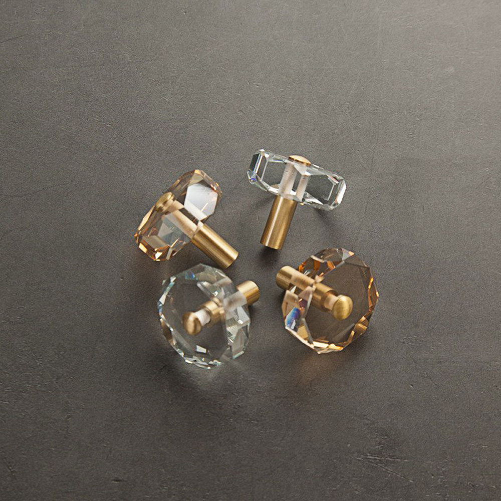 Modern Octagonal Crystal and Brass Cupboard Knobs