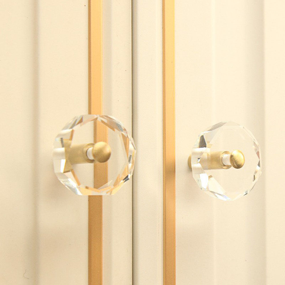 Modern Octagonal Crystal and Brass Cupboard Knobs