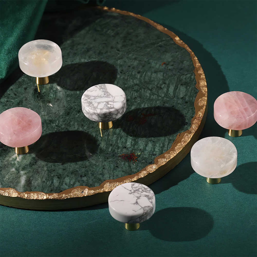Modern Round Brass and Crystal Cupboard Knobs