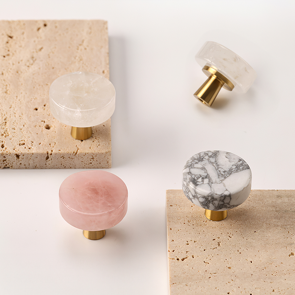 Modern Round Brass and Crystal Cupboard Knobs
