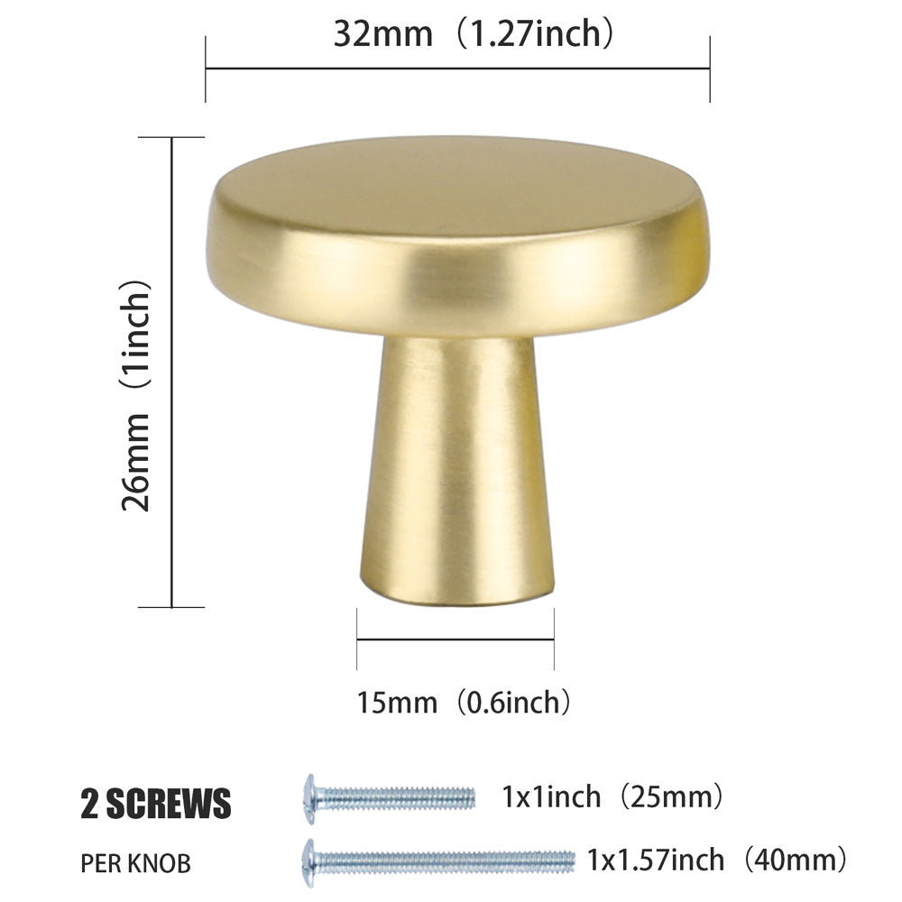 Modern Round Mushroom Cupboard Knobs in Brushed Brass