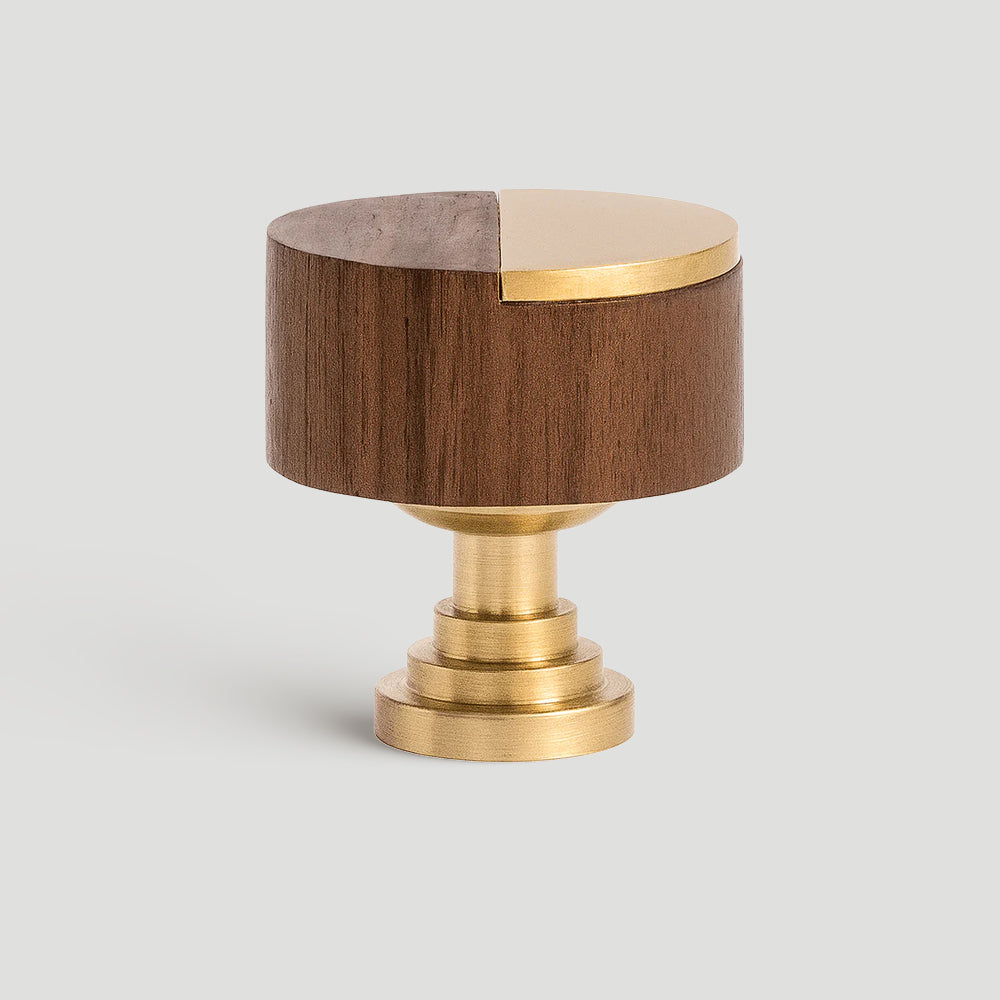 Modern Round Walnut and Brass Cupboard Knobs