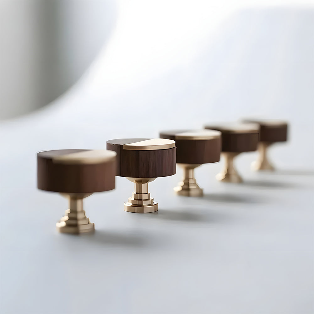 Modern Round Walnut and Brass Cupboard Knobs