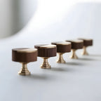 Modern Round Walnut and Brass Cupboard Knobs