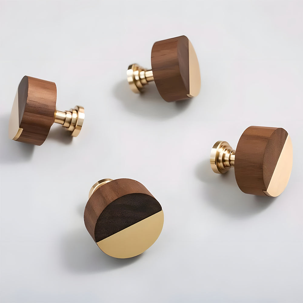 Modern Round Walnut and Brass Cupboard Knobs