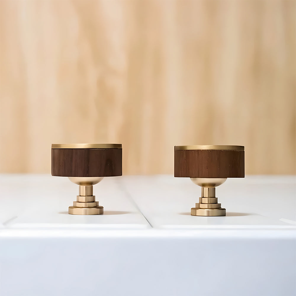 Modern Round Walnut and Brass Cupboard Knobs