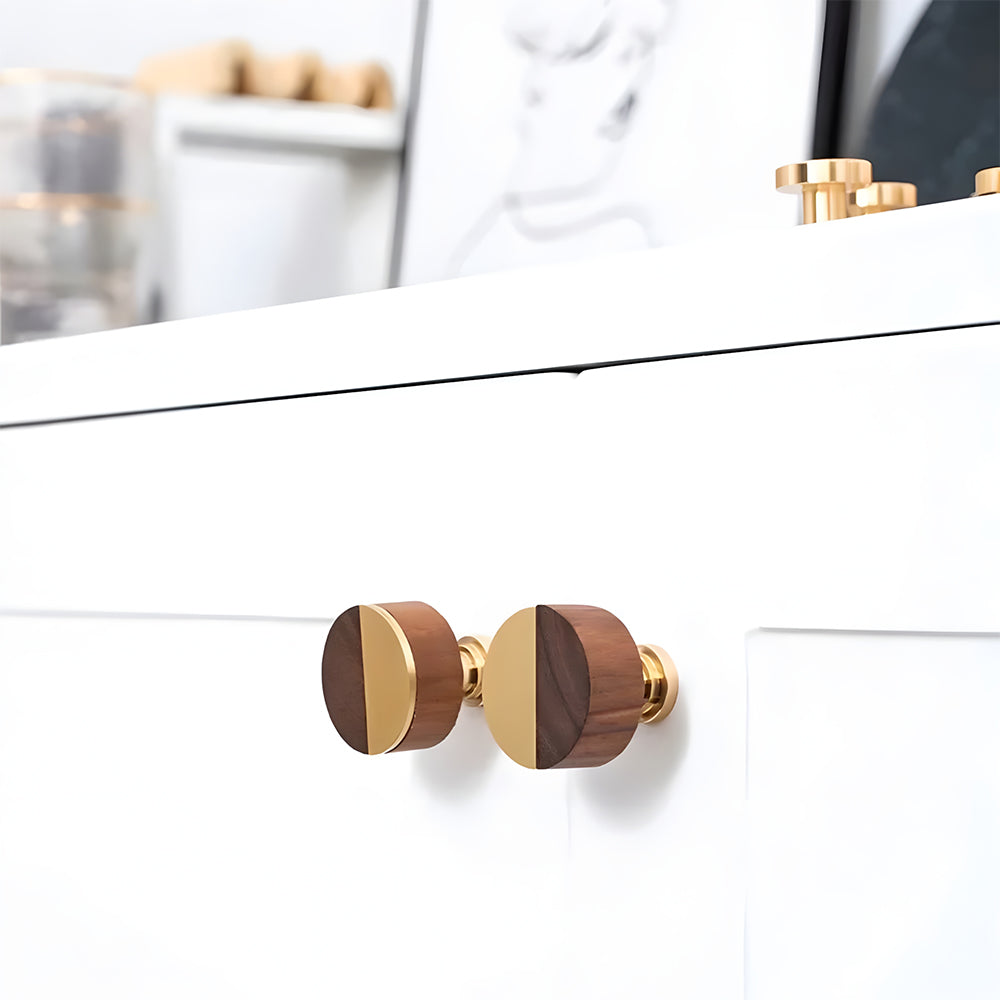 Modern Round Walnut and Brass Cupboard Knobs