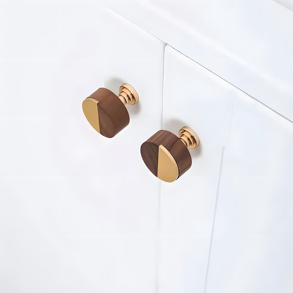 Modern Round Walnut and Brass Cupboard Knobs