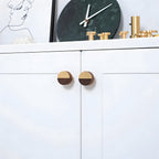 Modern Round Walnut and Brass Cupboard Knobs