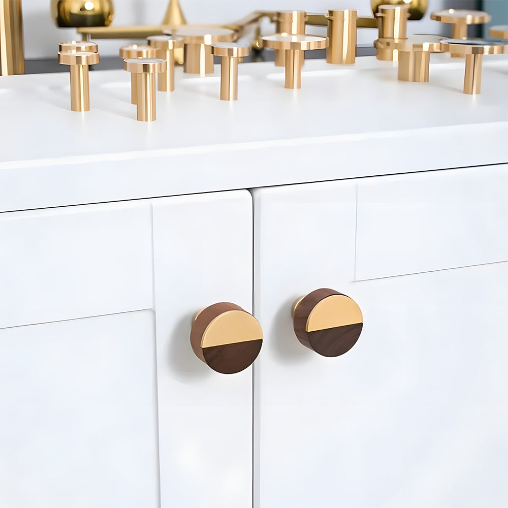 Modern Round Walnut and Brass Cupboard Knobs