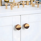 Modern Round Walnut and Brass Cupboard Knobs