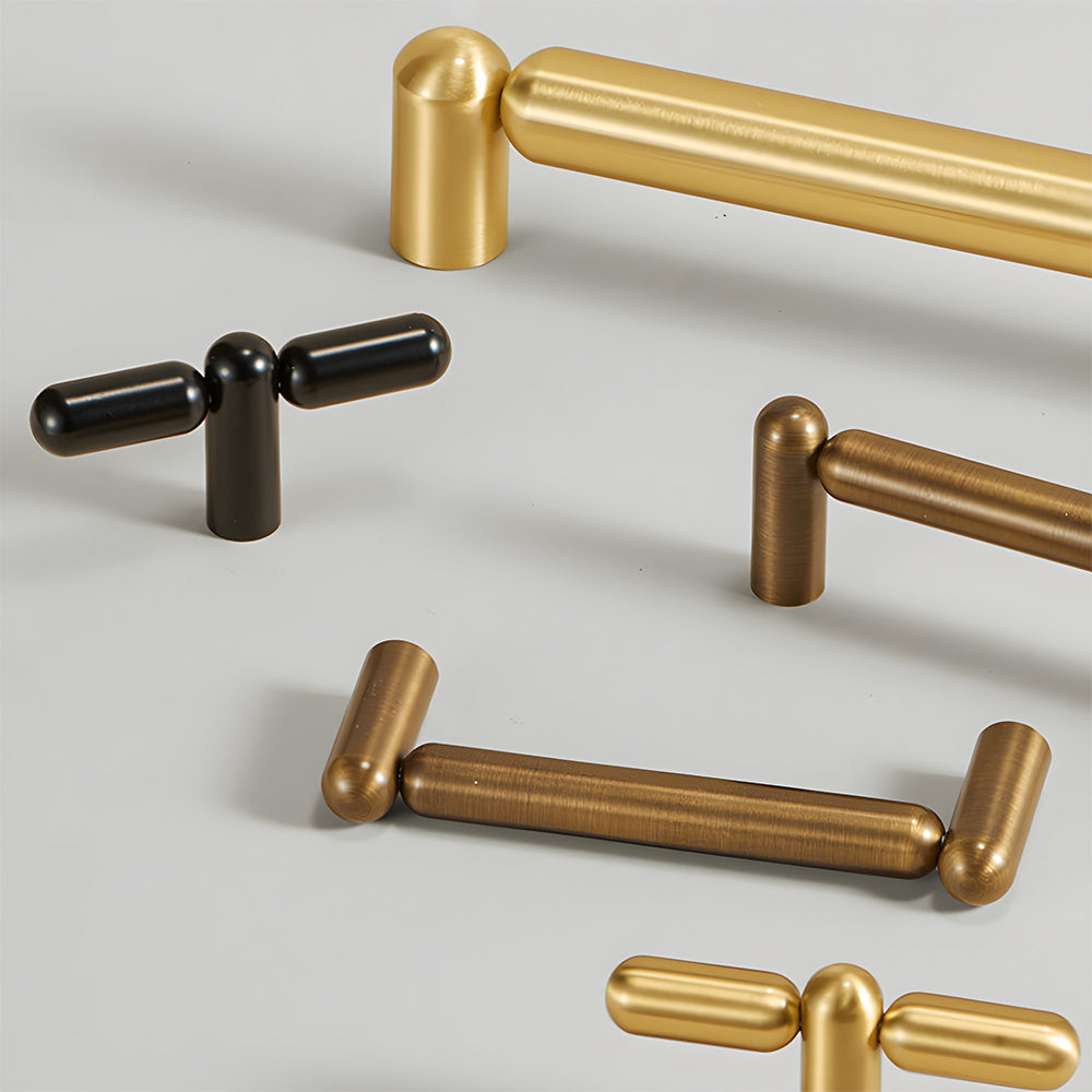 Modern Solid Brass Rounded T-Bar Cupboard Handles and Knobs