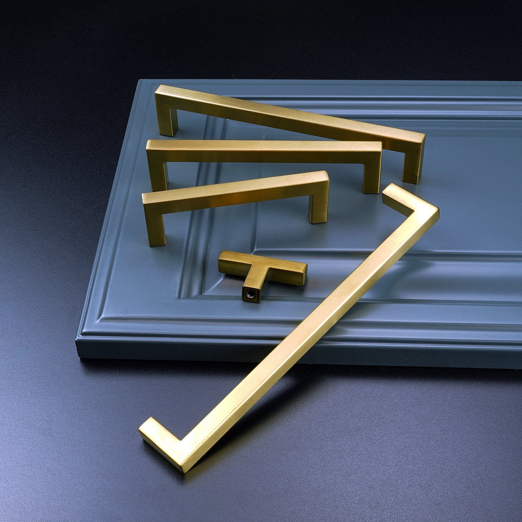 Modern Square D Cupboard Handles & T-Bar Knobs in Brushed Brass