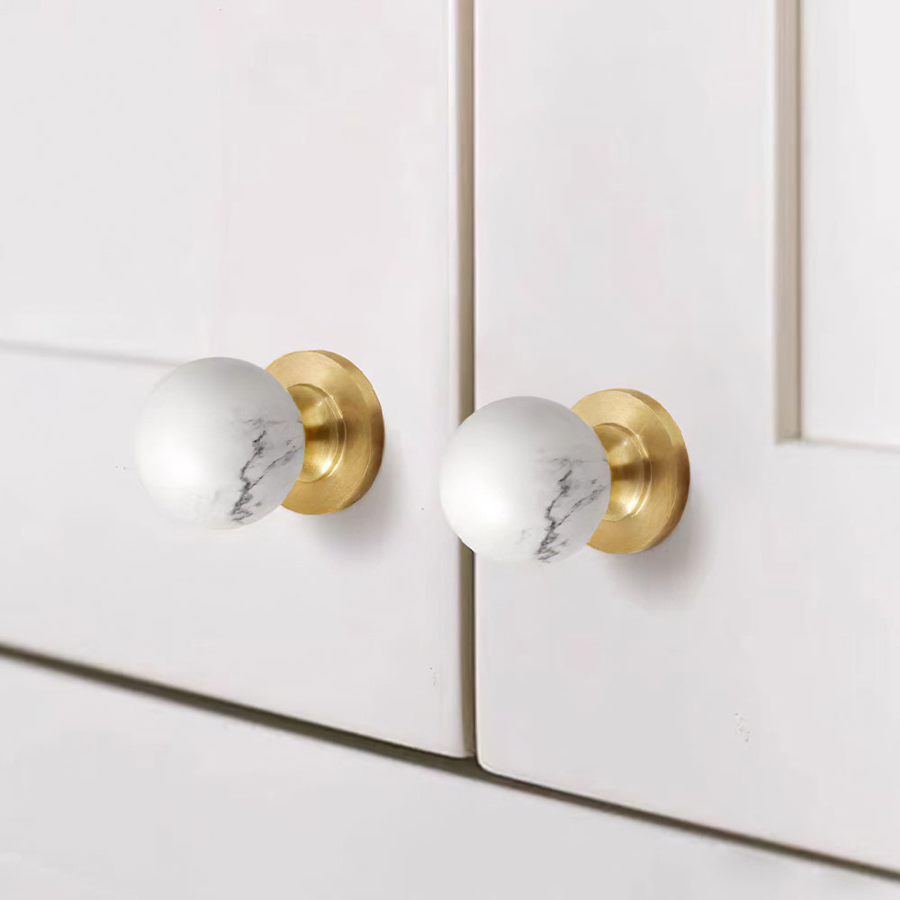 Modern Walnut and Marble Ball Cupboard Knobs