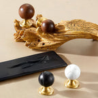 Modern Walnut and Marble Ball Cupboard Knobs