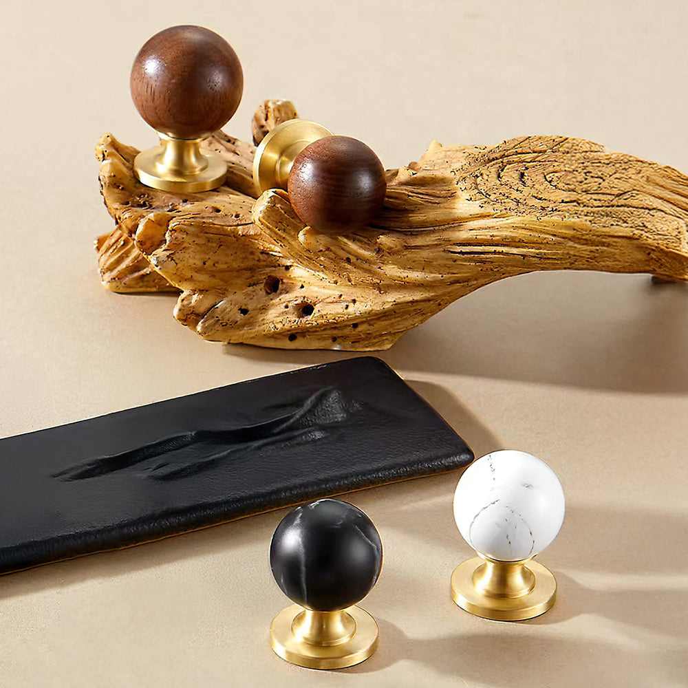 Modern Walnut and Marble Ball Cupboard Knobs