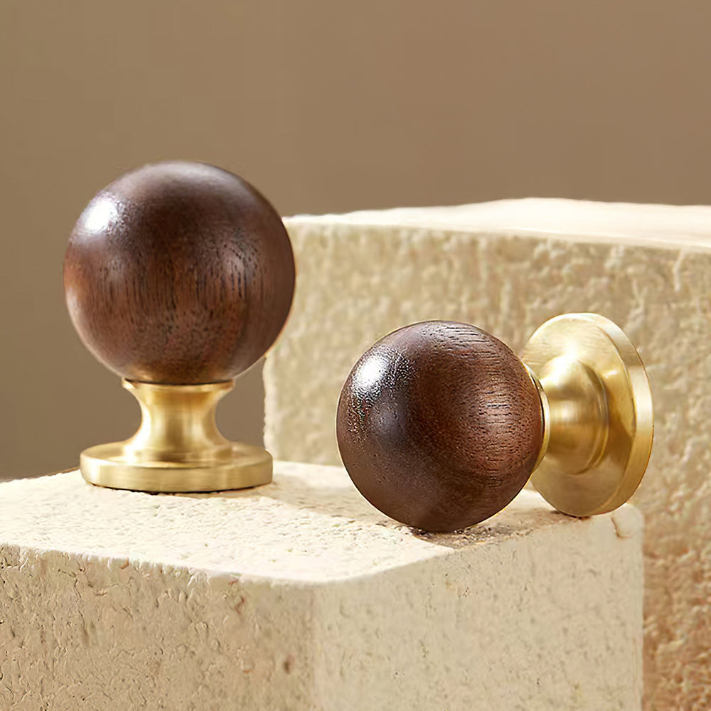 Modern Walnut and Marble Ball Cupboard Knobs