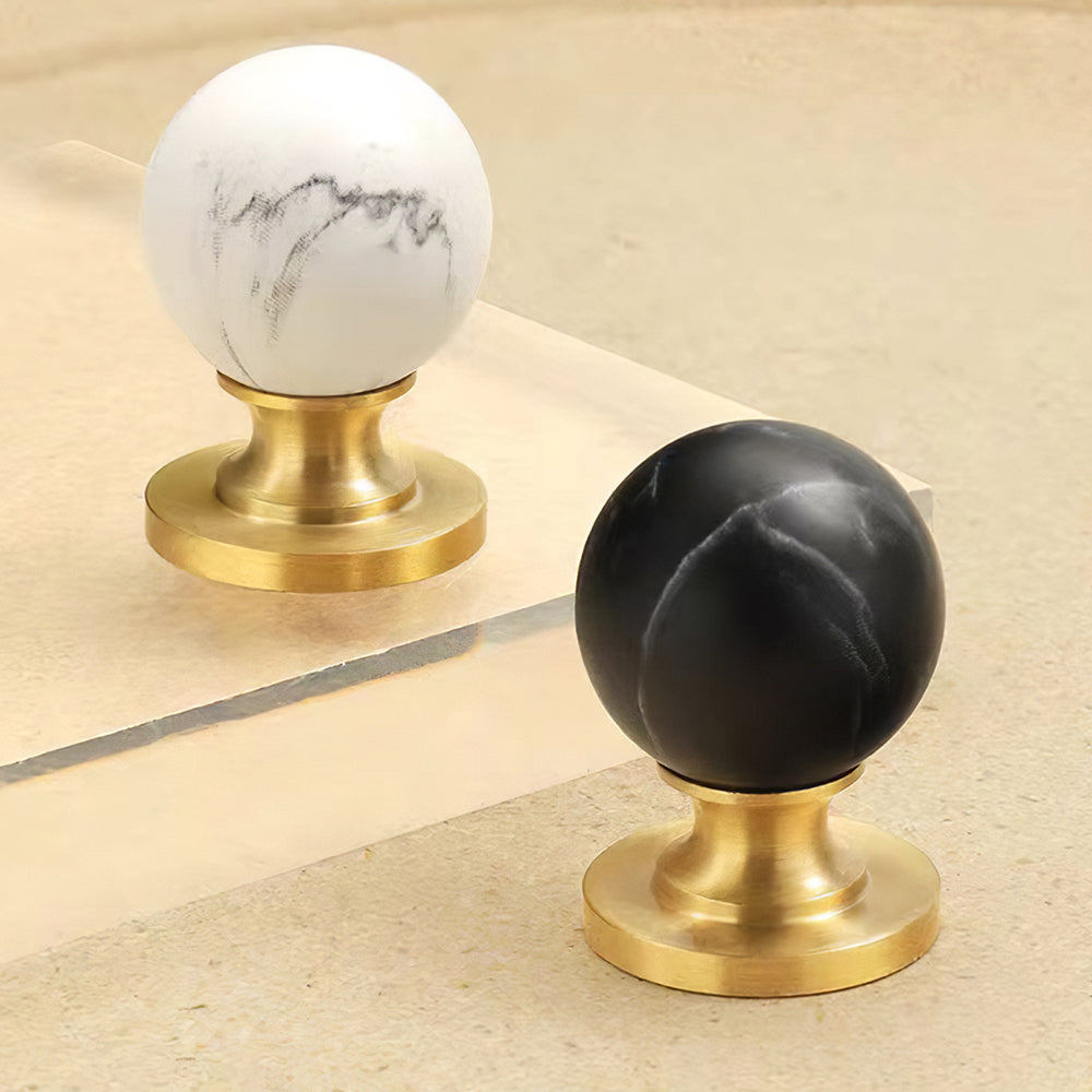 Modern Walnut and Marble Ball Cupboard Knobs
