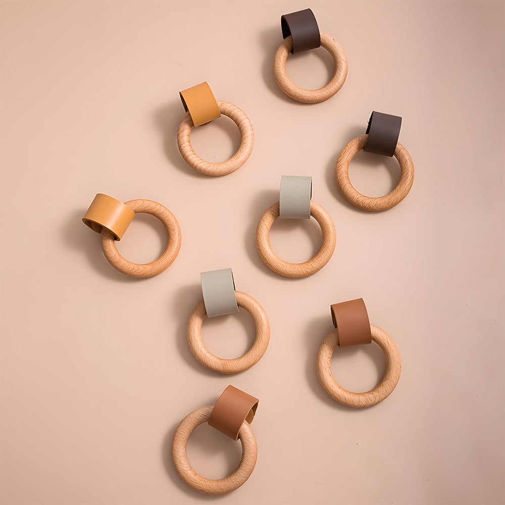 Modern Wood and Leather Ring Drawer Knobs