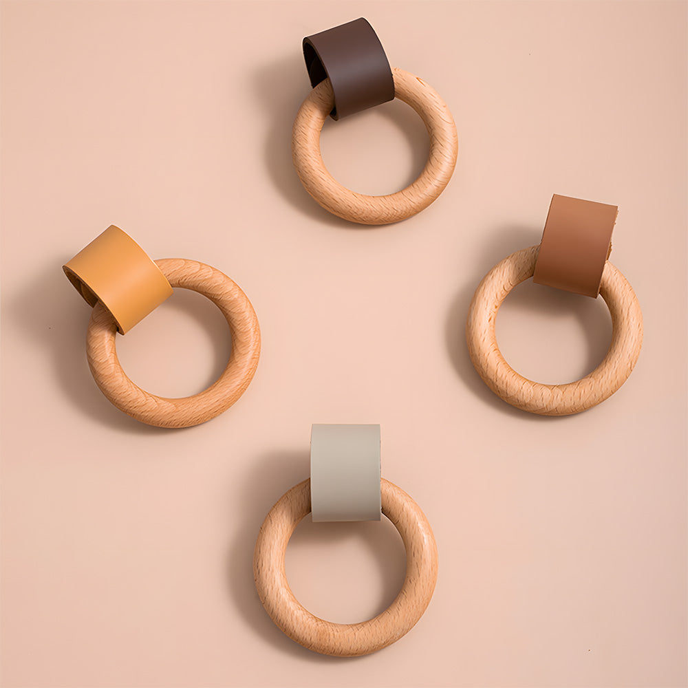 Modern Wood and Leather Ring Drawer Knobs