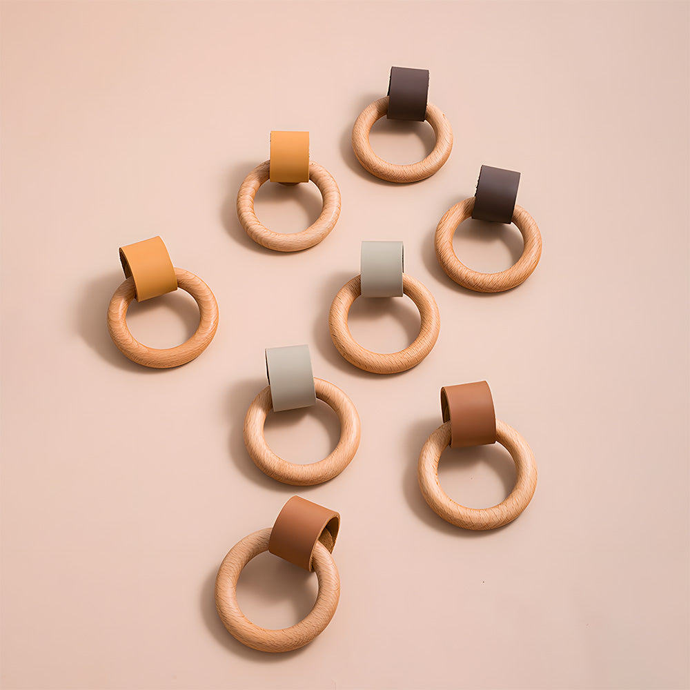 Modern Wood and Leather Ring Drawer Knobs