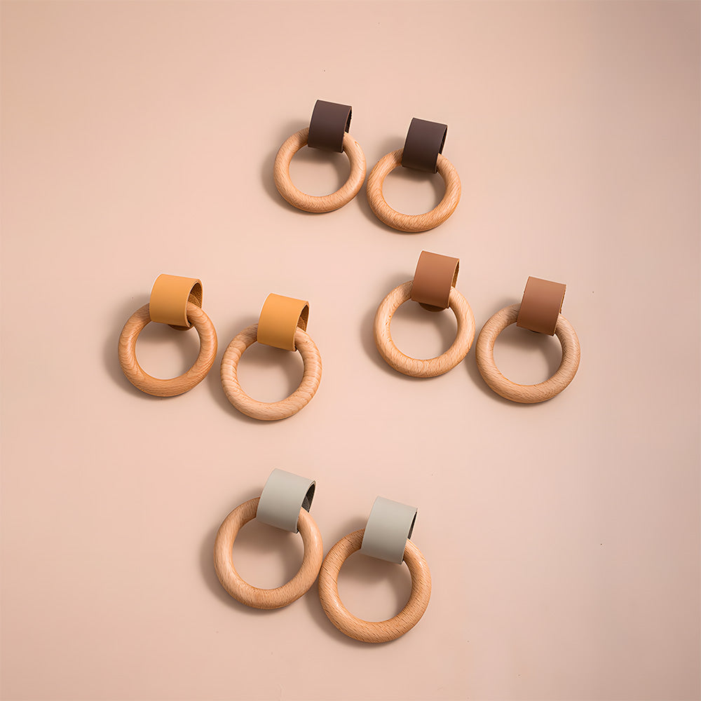 Modern Wood and Leather Ring Drawer Knobs