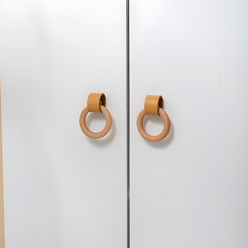 Modern Wood and Leather Ring Drawer Knobs