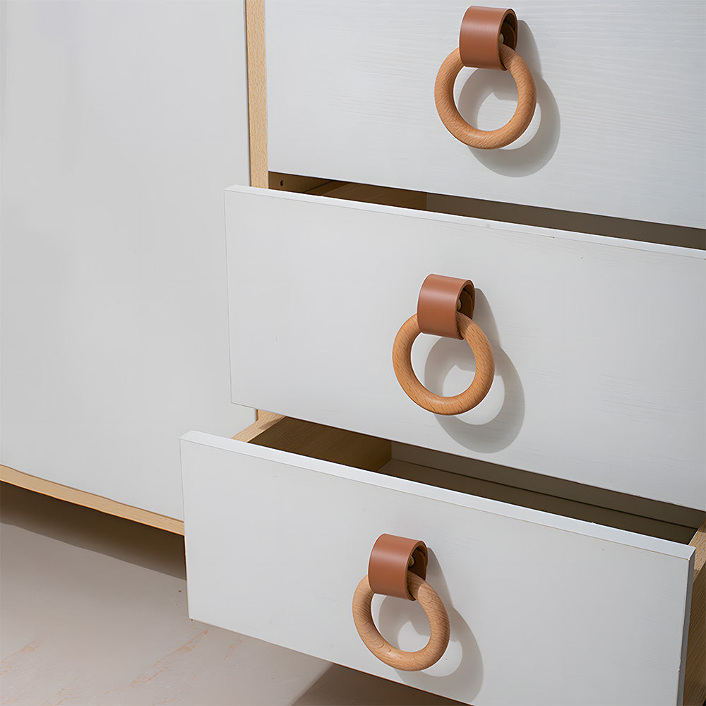 Modern Wood and Leather Ring Drawer Knobs