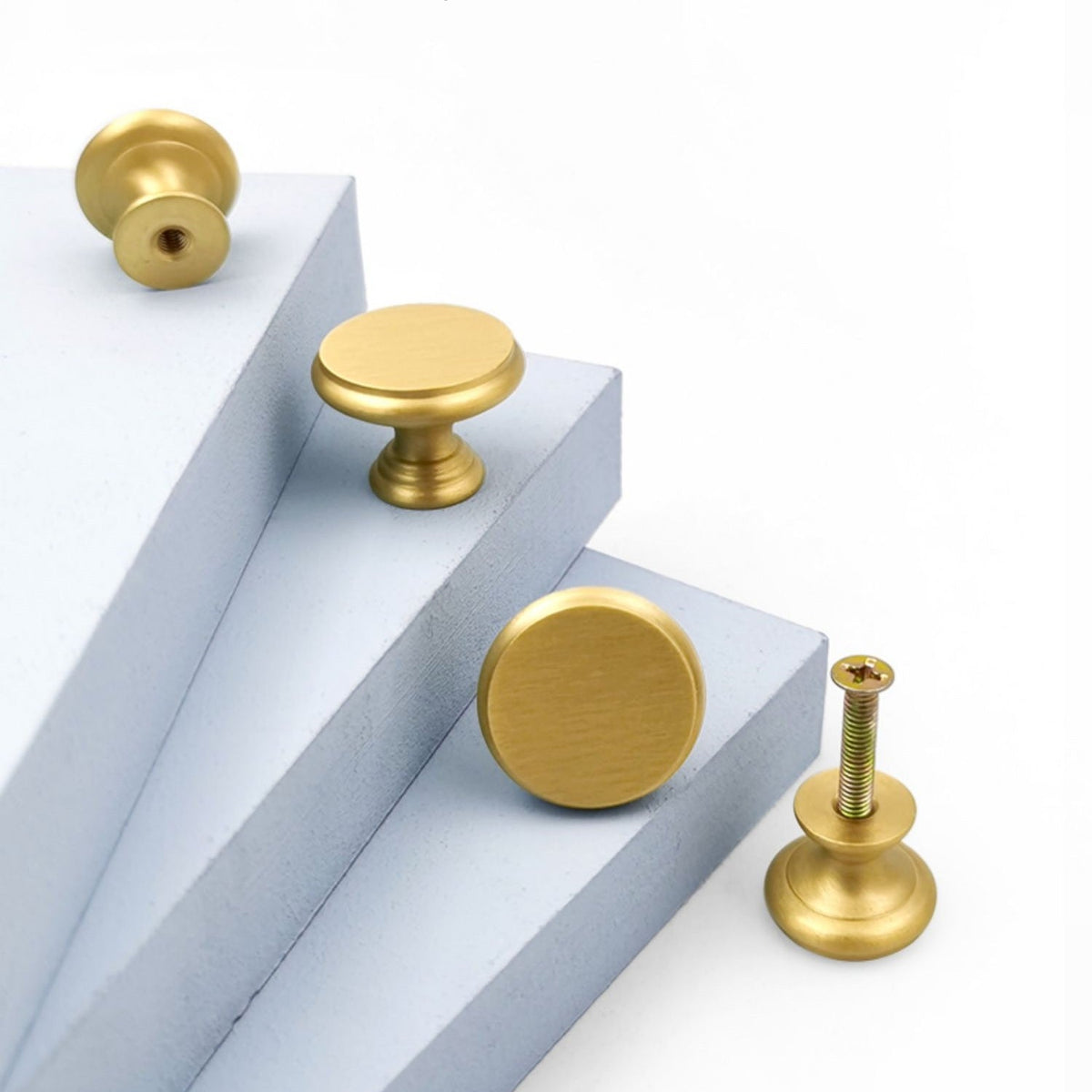 Round Brushed Brass Cupboard Knobs with Stepped Rim