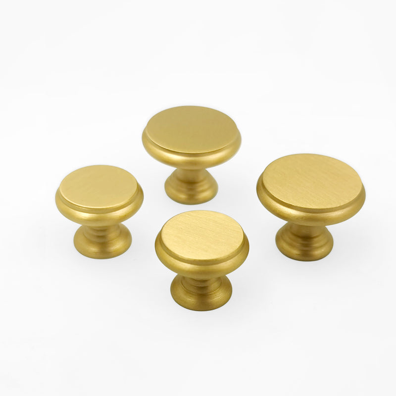 Round Brushed Brass Cupboard Knobs with Stepped Rim