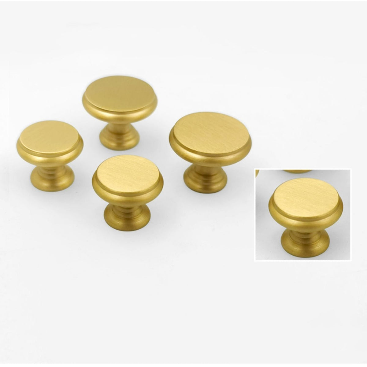 Round Brushed Brass Cupboard Knobs with Stepped Rim