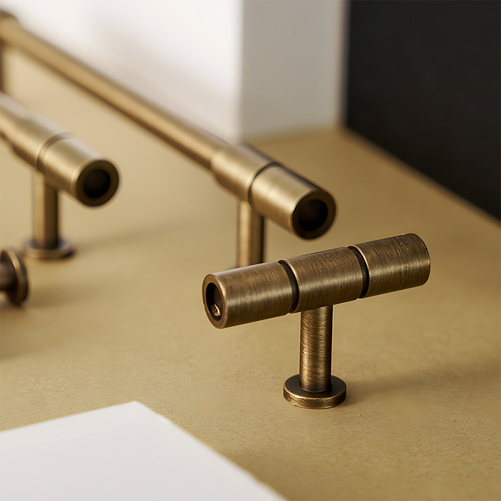 Vintage Bronze T-Bar Wardrobe Handles with Grooved Collars