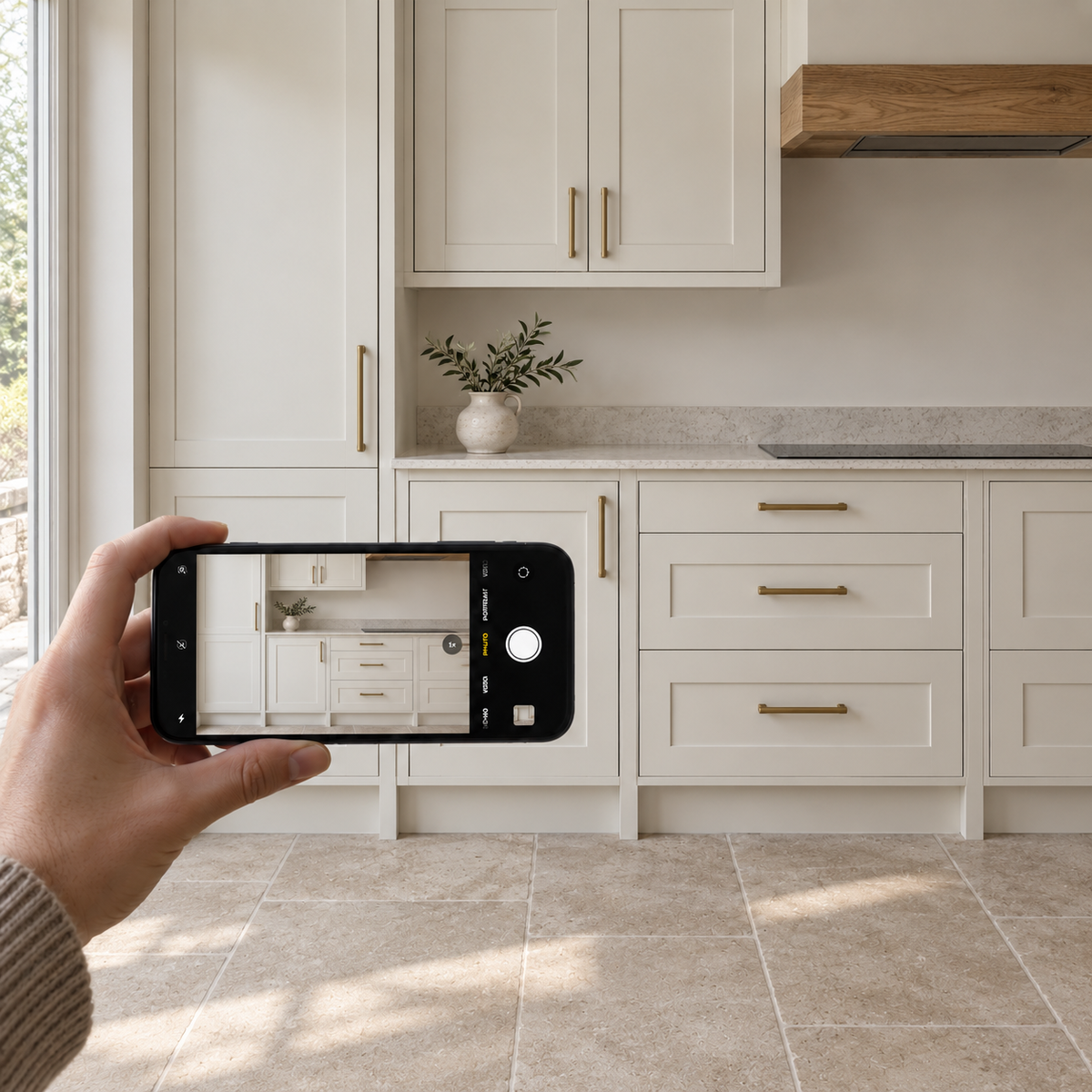 Hand holding an iPhone to photograph cream kitchen cupboards with brass handles.